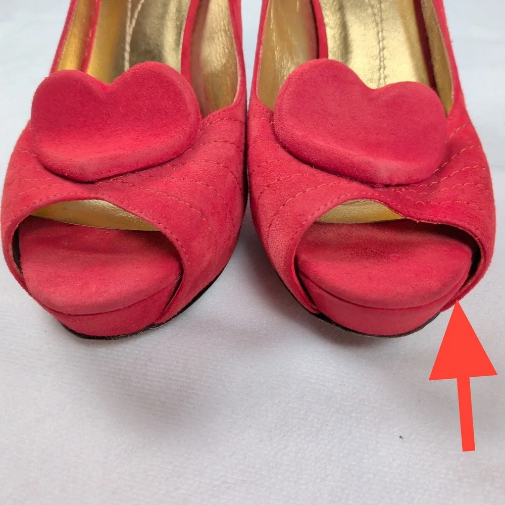 Kate Spade Red Suede Heart Peep Toe Platform Pumps Heels Made in Italy Romantic